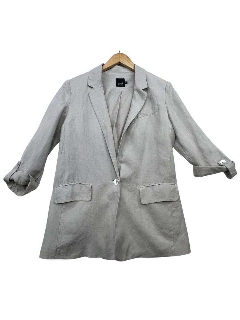 Yest Womens Roll Up Sleeves Linen-Blend One Button Blazer Jacket Size 2 Beige
